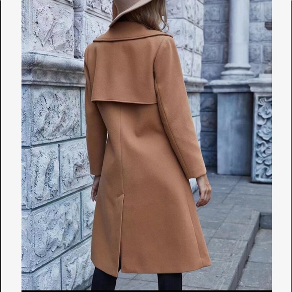 Double Breasted Button Trench Pea Coat Camel - Picture 4 of 7